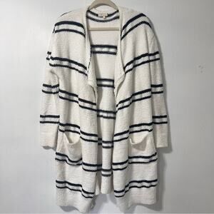 & Layered Open Waterfall Front Striped Coastal Minimalist Soft Cardigan Sweater
